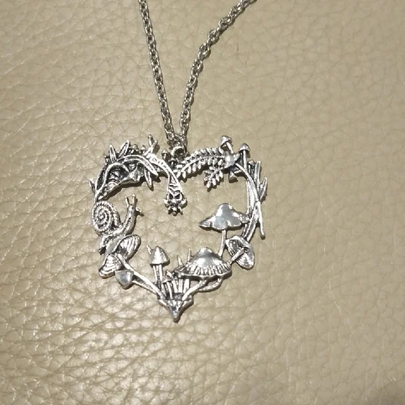 Detailed Heart Pendant With Snail And Mushrooms Necklace - Picture 1 of 4